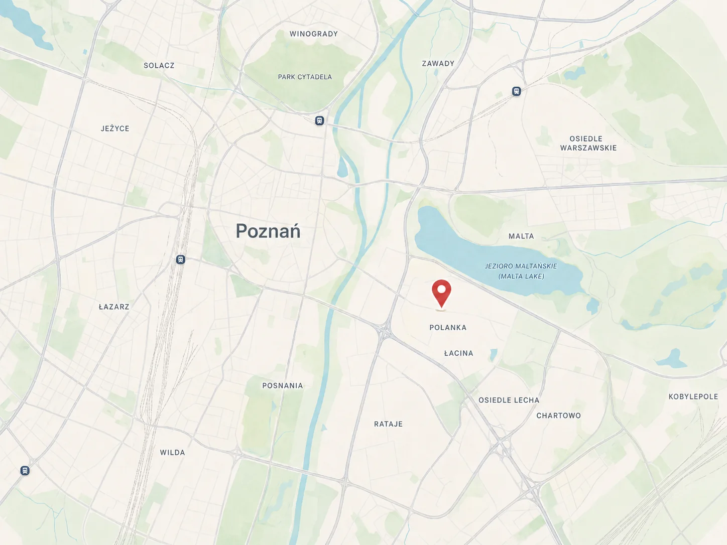 Mapa Poznania z bliższym widokiem na lokalizację Malta85 w rejonie Polanka i Malta
